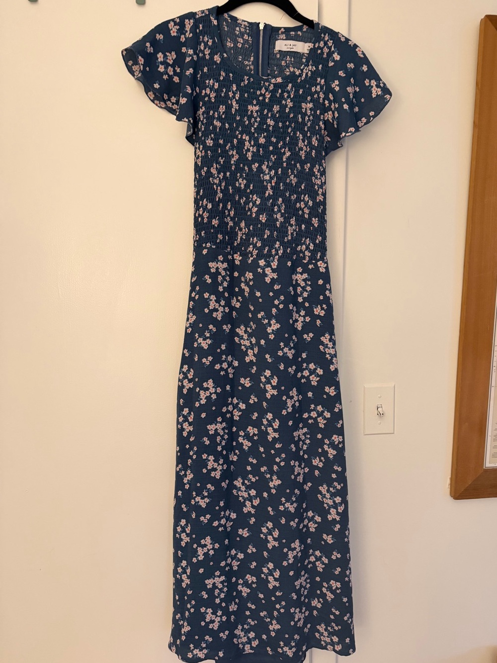 ALI & JAY Blue Maxi Dress with Pink Floral Print, open back , can wear a bra :)